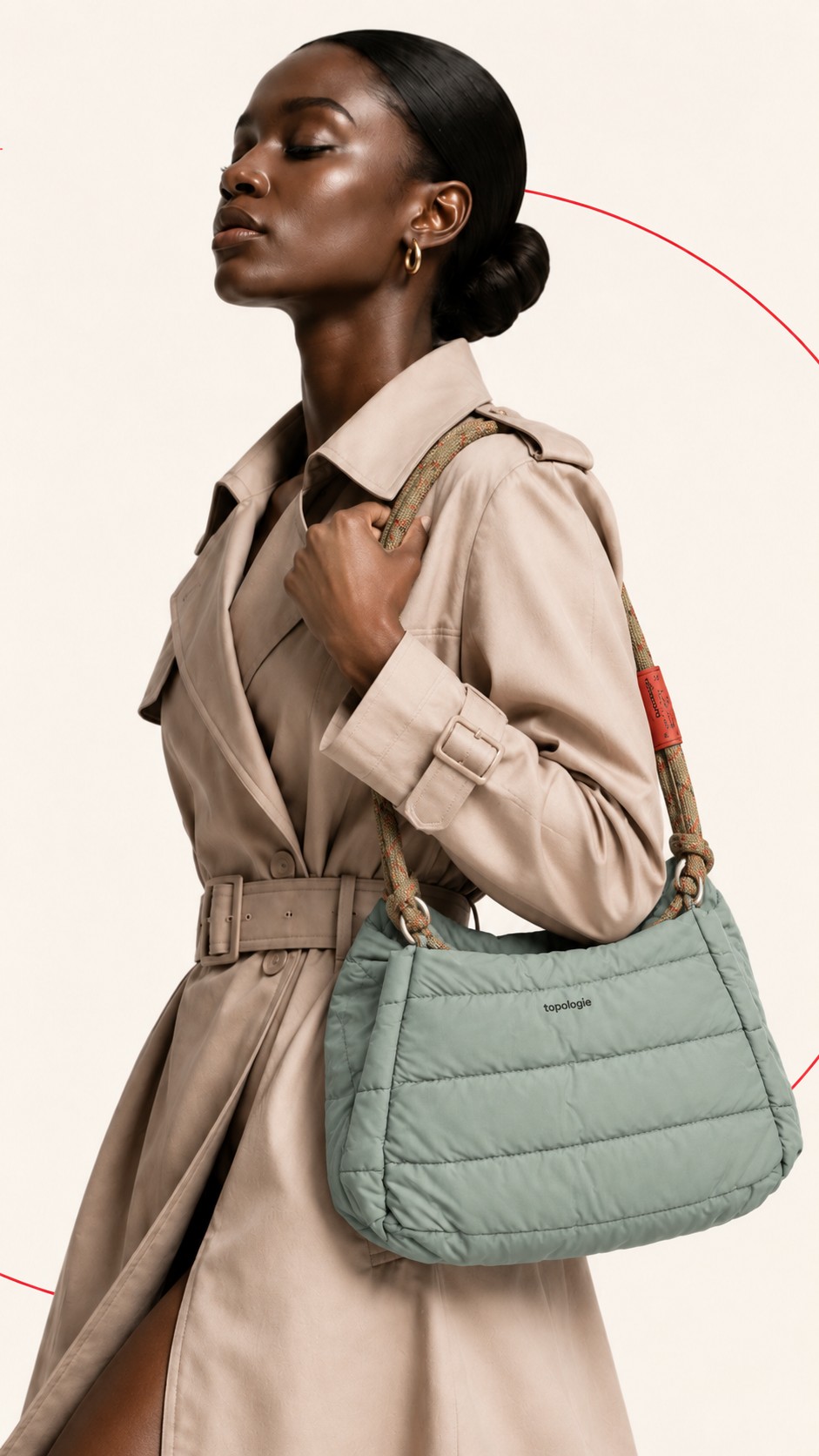 کیف دوشی پف‌دار برند توپولوژی با بند طنابی دو رنگ و لوگوی سفید در استایل | Padded Topologie shoulder bag with contrast rope strap and white logo, in-hand