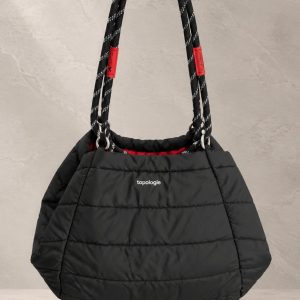 کیف دوشی پف‌دار برند توپولوژی با بند طنابی دو رنگ و لوگوی سفید در استایل | Padded Topologie shoulder bag with contrast rope strap and white logo, in-hand