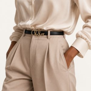 کمربند چرمی مشکی با سگک فلزی طلایی به فرم لوگوی تایپی برند Chloé در حال معلق | Black leather belt with gold-tone metal cursive Chloé logo buckle, floating in mid-air