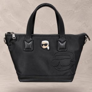 کیف زنانه مشکی نایلونی کارل لاگرفلد با پچ سیلیکونی و طرح برجسته آیکونیک | Karl Lagerfeld black nylon tote bag with Ikonik rubber patch and embossed silhouette detail