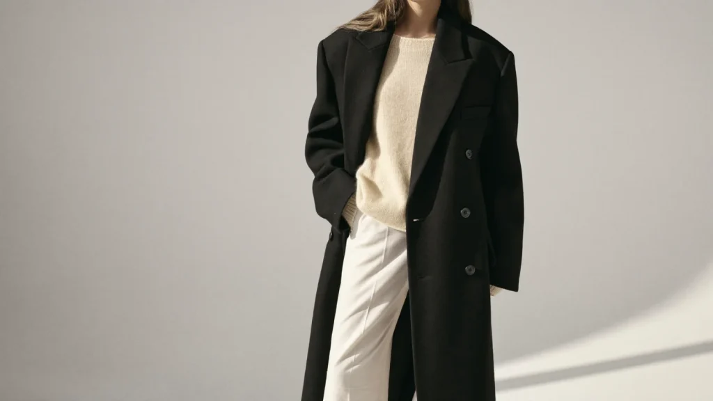 پالتوی پشمی مشکی اورسایز روی بافت کرم و شلوار سفید، استایل مینیمال پاییز و زمستان ۲۰۲۶