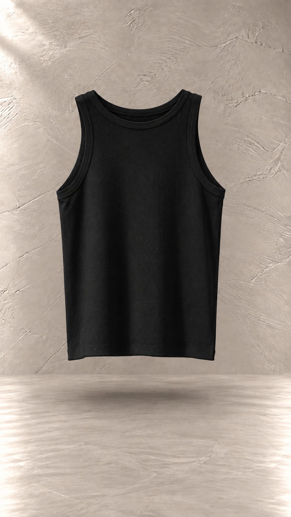تاپ رکابی کبریتی یقه گرد با بافت ظریف و لطیف در محیطی مینیمال | Basic ribbed crew neck tank top with fine knit texture in a minimalist studio setting