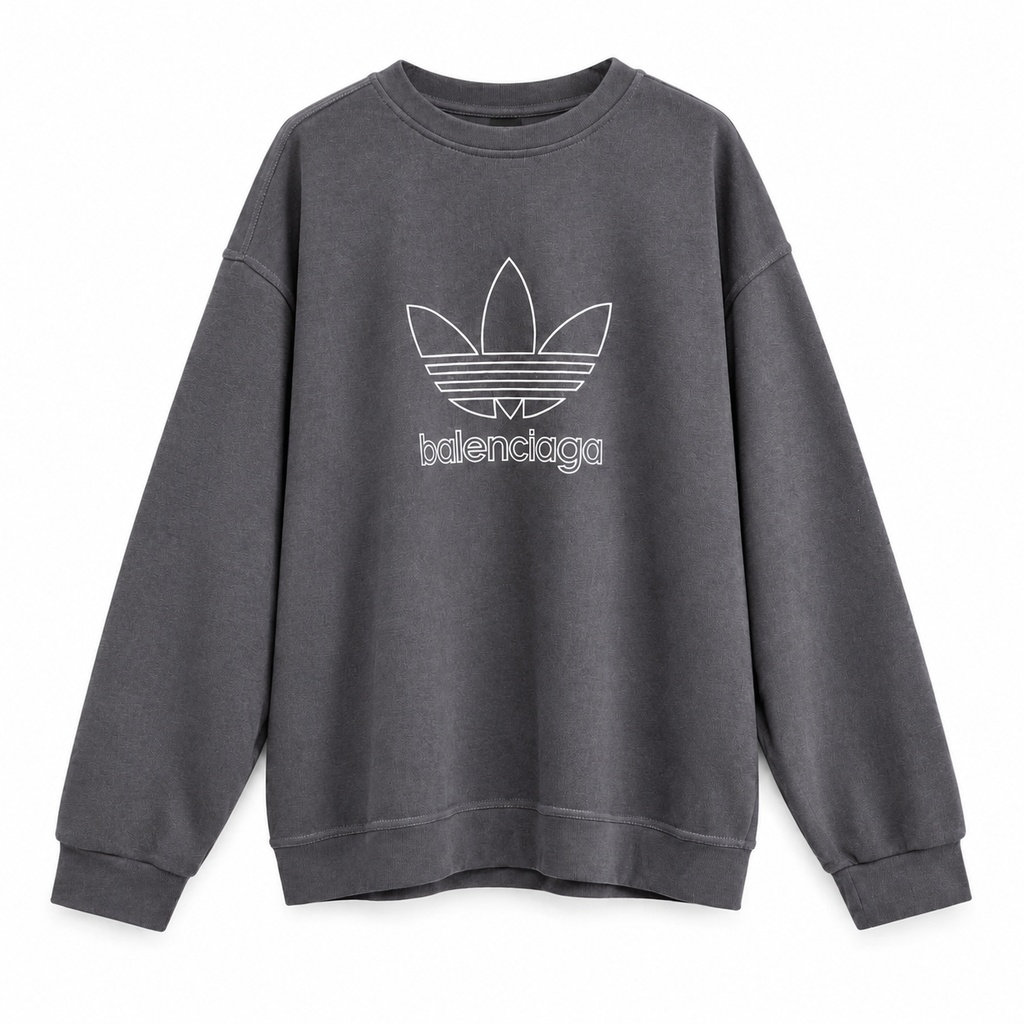 سویشرت سرمه‌ای آدیداس و بالنسیاگا با لوگوی تریفویل سفید و نوشته بالنسیاگا | Navy blue Adidas x Balenciaga sweatshirt with white Trefoil logo and Balenciaga lettering