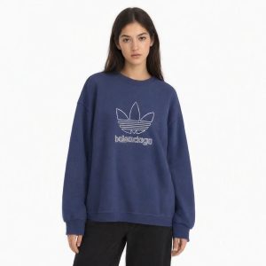 سویشرت سرمه‌ای آدیداس و بالنسیاگا با لوگوی تریفویل سفید و نوشته بالنسیاگا | Navy blue Adidas x Balenciaga sweatshirt with white Trefoil logo and Balenciaga lettering