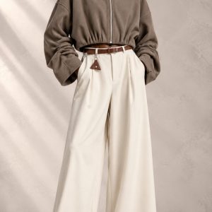 شلوار واید بگ پیله‌دار کمربند چرمی زنانه پرادا Prada Pleated Wide-Leg Trousers with Leather Belt