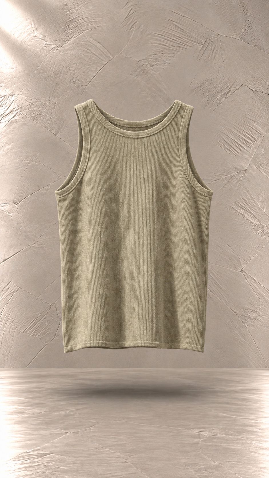 تاپ رکابی کبریتی یقه گرد با بافت ظریف و لطیف در محیطی مینیمال | Basic ribbed crew neck tank top with fine knit texture in a minimalist studio setting