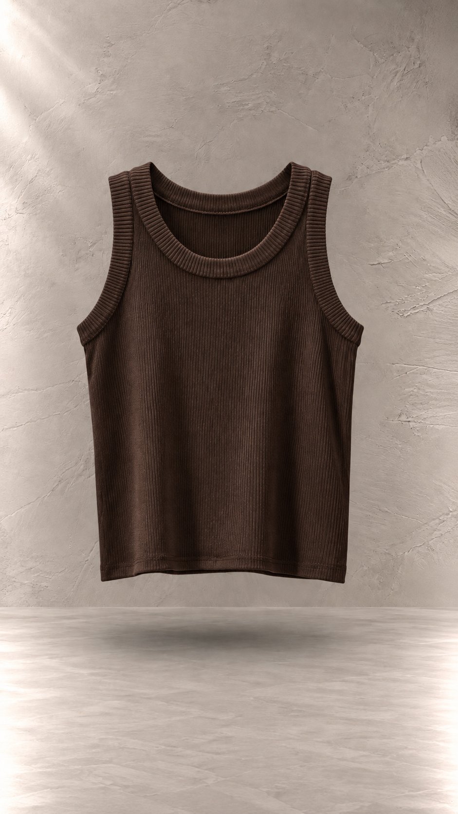 تاپ کراپ کبریتی بافت‌دار بدون آستین یقه گرد معلق در پس‌زمینه مینیمال بتنی | Ribbed sleeveless crop tank top with round neck floating against a minimalist textured background