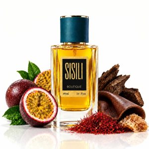 عطر زنانه و مردانه مزون کریولی عود ماراکوجا با بطری شیشه‌ای شفاف مینیمال، مایع کهربایی پررنگ غلیظ، لیبل بافت‌دار سفید و درپوش فلزی شیاردار نقره‌ای | Maison Crivelli Oud Maracuja Extrait de Parfum luxury niche bottle with amber juice textured label and engraved metal cap
