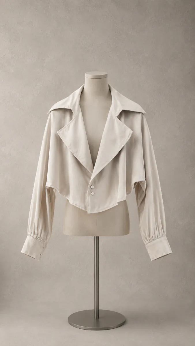 کت کراپ زنانه مدل اورسایز با یقه انگلیسی پهن و برش آزاد آویخته به دیوار | Cropped oversized women blazer with exaggerated notch lapel and drop shoulder silhouette