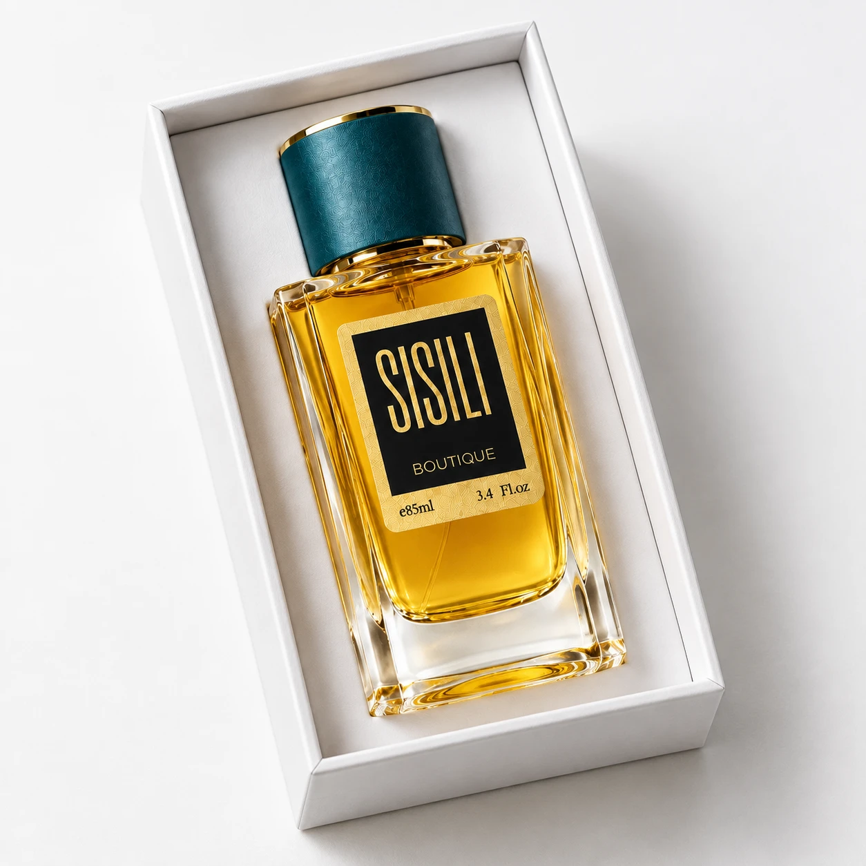 عطر ادکلن سیسیلی بوتیک ۸۵ میلی‌لیتر، شیشه کهربایی با درب سبز تیره روی پس‌زمینه سفید